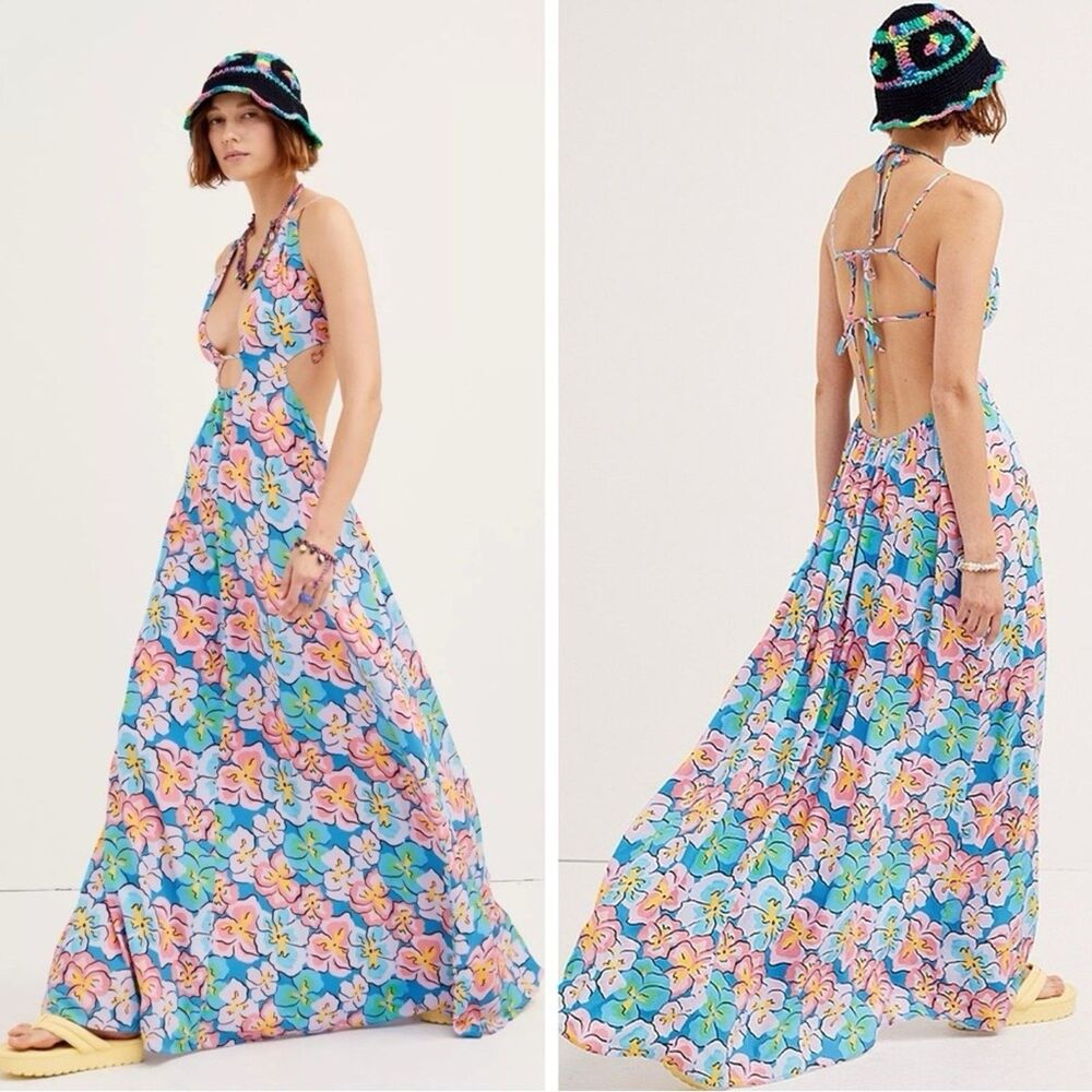 For Love & Lemons Yasmin Open Back Floral Maxi Dress XS Cut Out Plunge